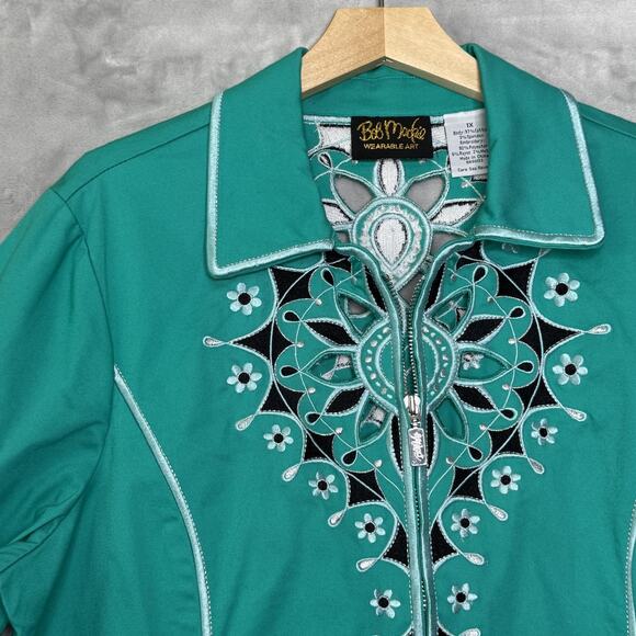 Bob Mackie Wearable Art Jacket Womens 1X Green Embroidered Floral Zip Up Retro - Picture 3 of 12